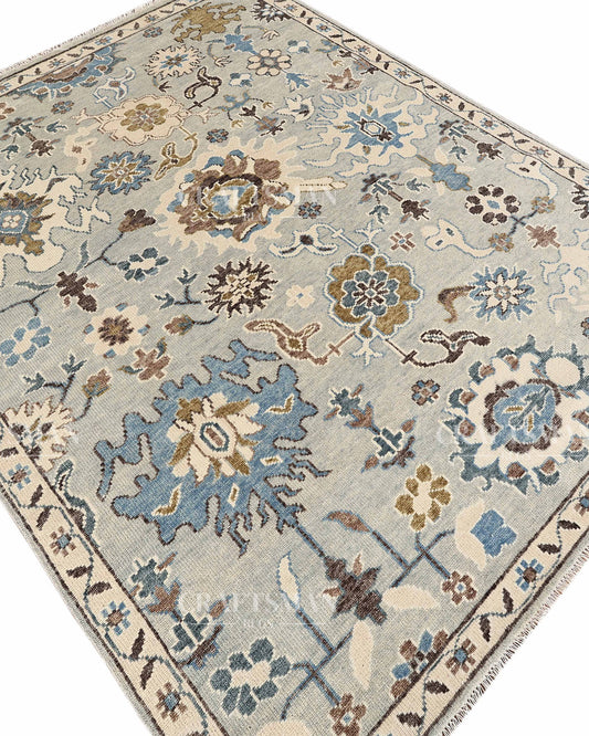Sagebrook Oushak Hand-Knotted Wool Rug – Vintage Blue & Ivory Floral Design | Custom Size