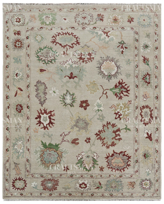 Velmira Oushak Hand-Knotted Wool Rug – Vintage Blush & Sage Floral Design | Handmade Luxury Area Rug | Custom Size
