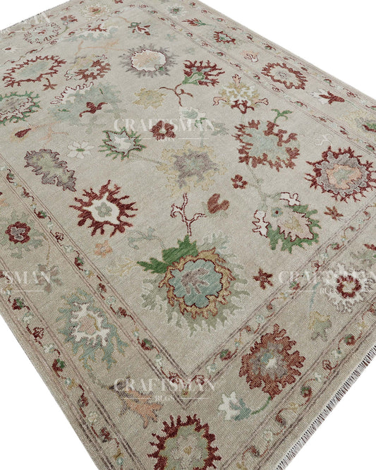 Velmira Oushak Hand-Knotted Wool Rug – Vintage Blush & Sage Floral Design | Handmade Luxury Area Rug | Custom Size