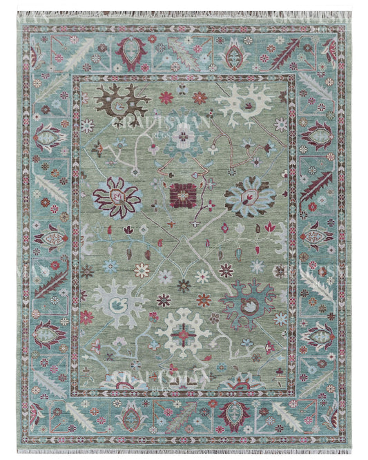 Averra Oushak Hand-Knotted Wool Rug – Vintage Sage & Aqua Floral Design | Handmade Luxury Area Rug | Custom Size