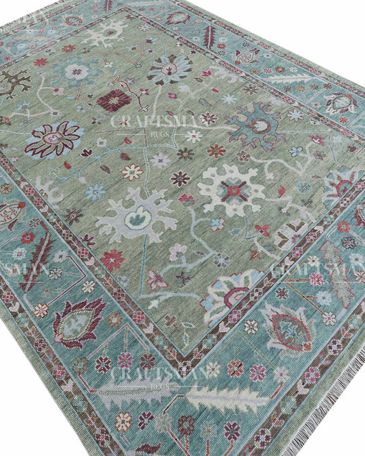 Averra Oushak Hand-Knotted Wool Rug – Vintage Sage & Aqua Floral Design | Handmade Luxury Area Rug | Custom Size