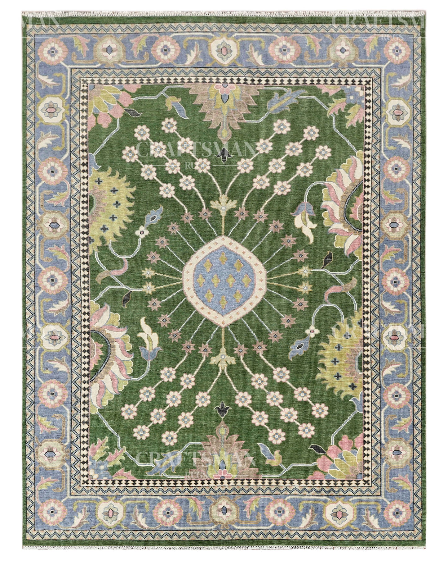 Meadow Oushak Hand-Knotted Wool Rug – Antique Olive Green Field & Powder Blue Border Floral Design | Handmade Luxury Area Rug | Custom Size