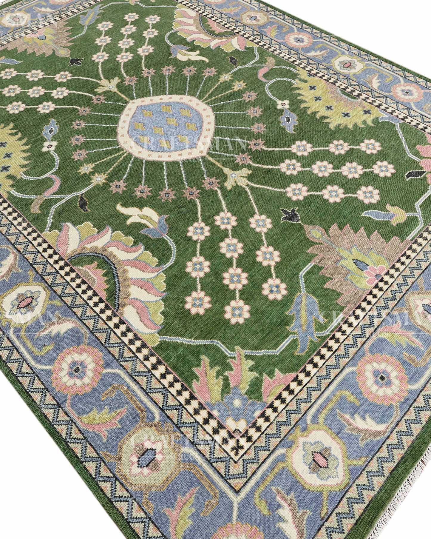 Meadow Oushak Hand-Knotted Wool Rug – Antique Olive Green Field & Powder Blue Border Floral Design | Handmade Luxury Area Rug | Custom Size