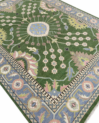Meadow Oushak Hand-Knotted Wool Rug – Antique Olive Green Field & Powder Blue Border Floral Design | Handmade Luxury Area Rug | Custom Size