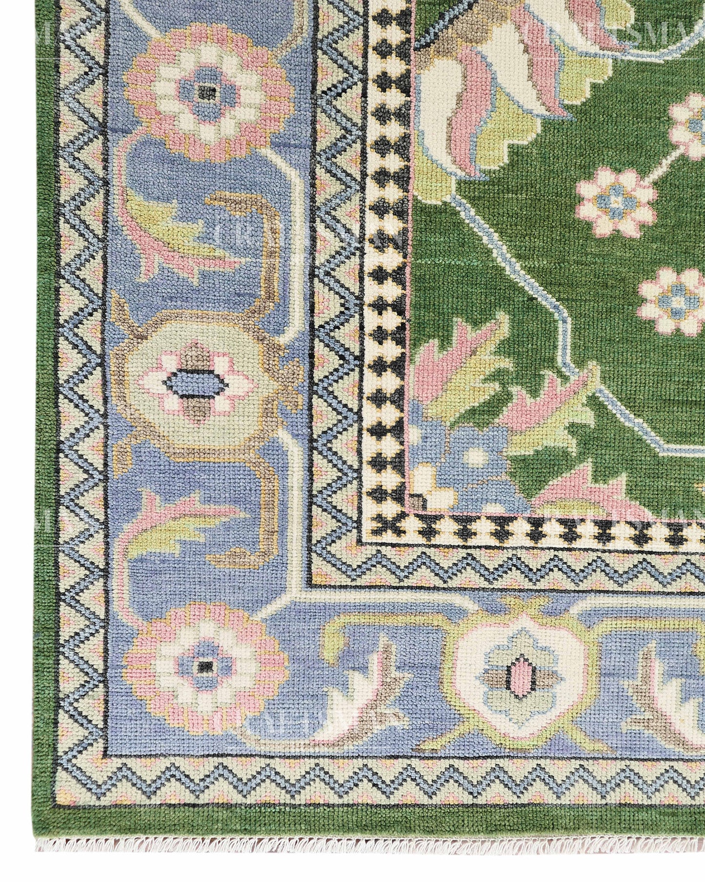 Meadow Oushak Hand-Knotted Wool Rug – Antique Olive Green Field & Powder Blue Border Floral Design | Handmade Luxury Area Rug | Custom Size