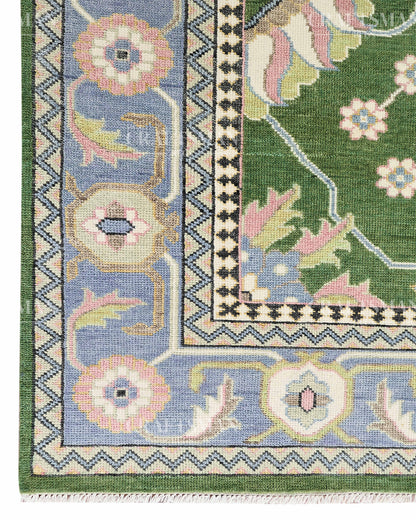 Meadow Oushak Hand-Knotted Wool Rug – Antique Olive Green Field & Powder Blue Border Floral Design | Handmade Luxury Area Rug | Custom Size