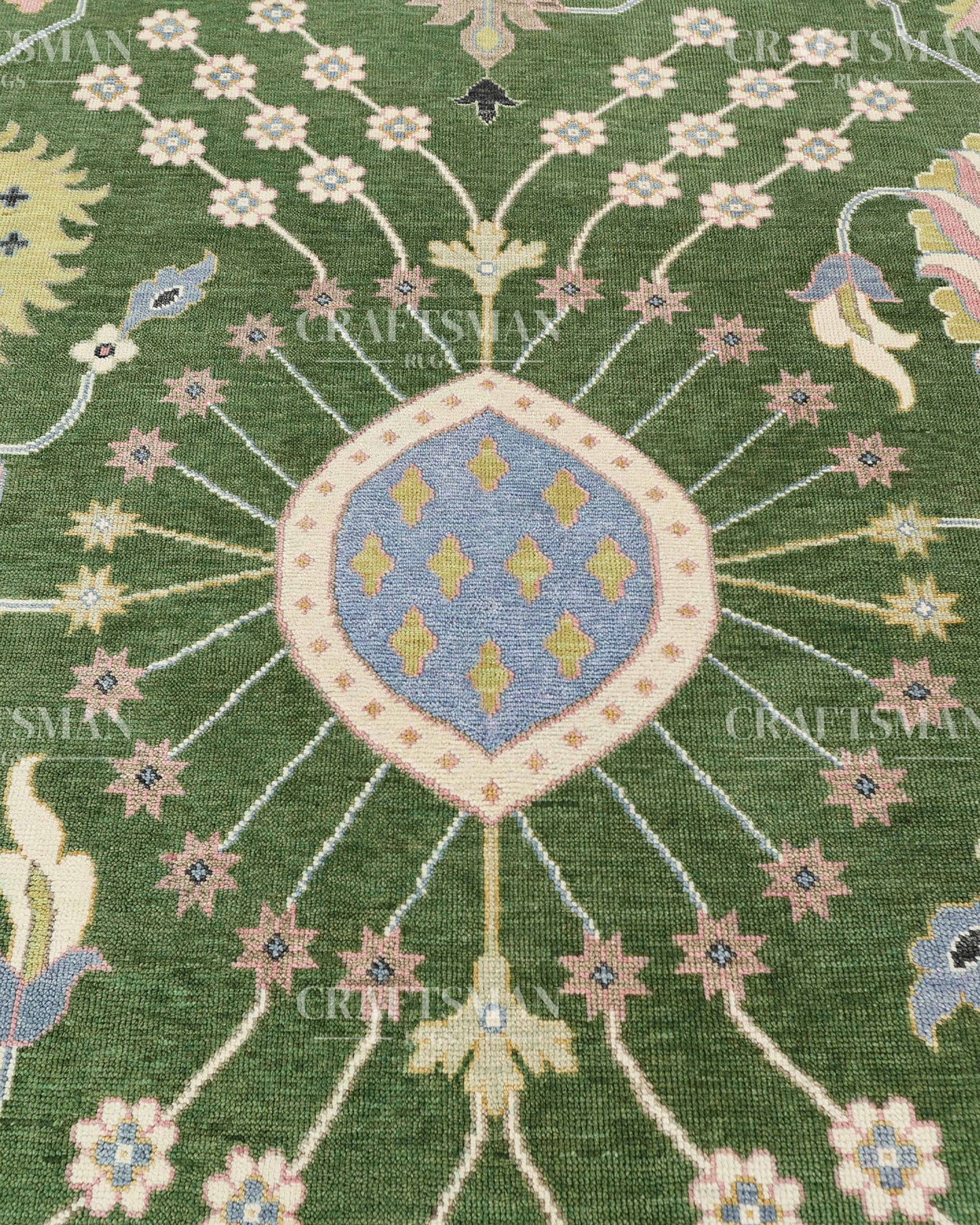 Meadow Oushak Hand-Knotted Wool Rug – Antique Olive Green Field & Powder Blue Border Floral Design | Handmade Luxury Area Rug | Custom Size