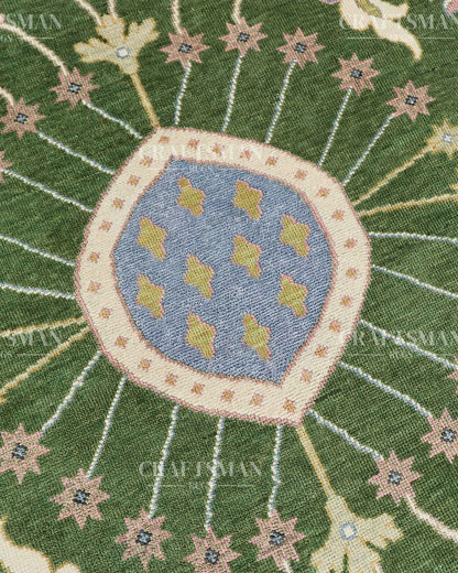 Meadow Oushak Hand-Knotted Wool Rug – Antique Olive Green Field & Powder Blue Border Floral Design | Handmade Luxury Area Rug | Custom Size