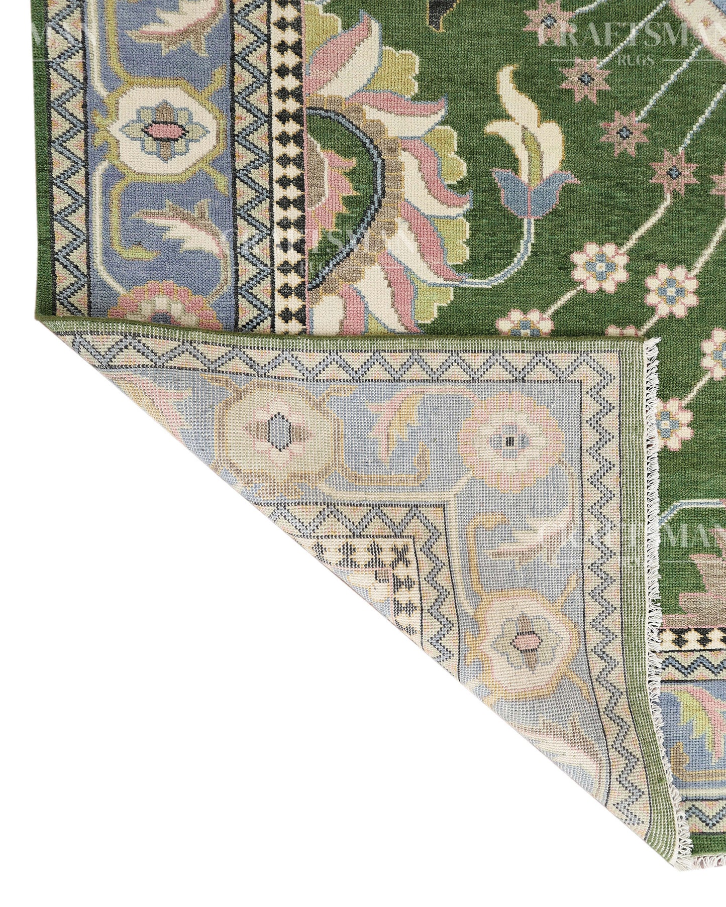 Meadow Oushak Hand-Knotted Wool Rug – Antique Olive Green Field & Powder Blue Border Floral Design | Handmade Luxury Area Rug | Custom Size