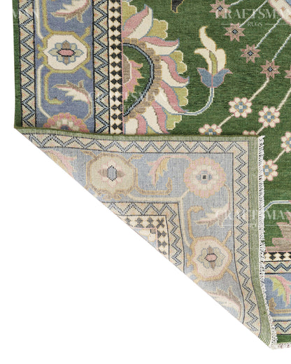 Meadow Oushak Hand-Knotted Wool Rug – Antique Olive Green Field & Powder Blue Border Floral Design | Handmade Luxury Area Rug | Custom Size