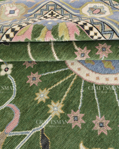 Meadow Oushak Hand-Knotted Wool Rug – Antique Olive Green Field & Powder Blue Border Floral Design | Handmade Luxury Area Rug | Custom Size