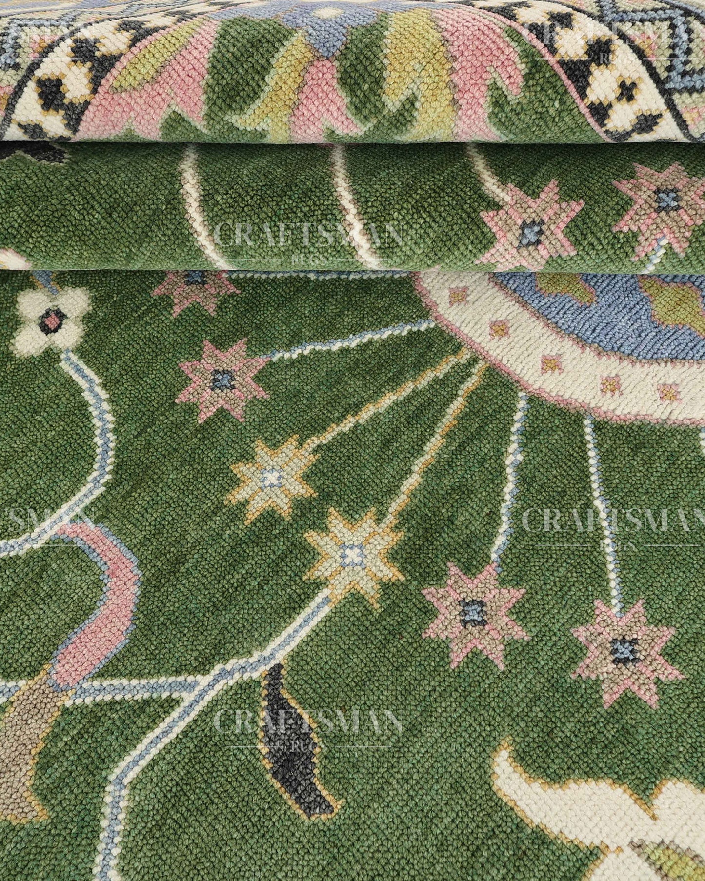 Meadow Oushak Hand-Knotted Wool Rug – Antique Olive Green Field & Powder Blue Border Floral Design | Handmade Luxury Area Rug | Custom Size