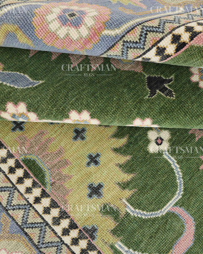 Meadow Oushak Hand-Knotted Wool Rug – Antique Olive Green Field & Powder Blue Border Floral Design | Handmade Luxury Area Rug | Custom Size