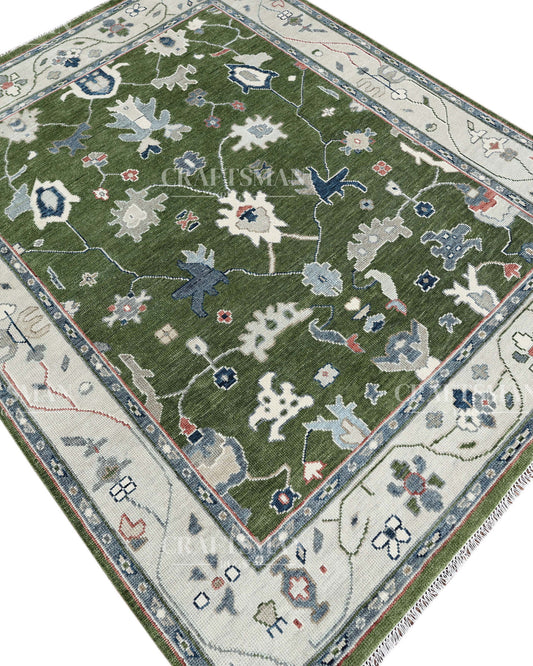 Sahara Oushak Hand-Knotted Wool Rug – Vintage Olive Green & Ivory Tribal Floral Design | Handmade Luxury Area Rug | Custom Size