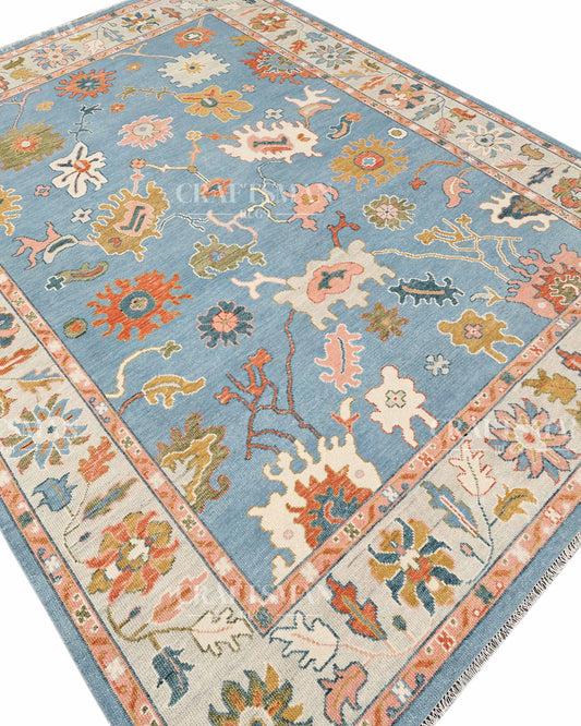 Celeste Oushak Hand-Knotted Wool Rug – Vintage Sky Blue & Ivory Floral Medallion Design | Handmade Luxury Area Rug | Custom Size