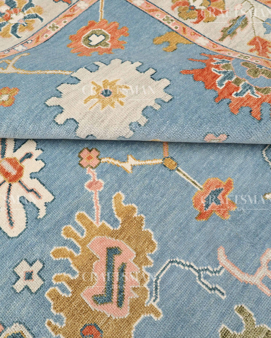 Celeste Oushak Hand-Knotted Wool Rug – Vintage Sky Blue & Ivory Floral Medallion Design | Handmade Luxury Area Rug | Custom Size