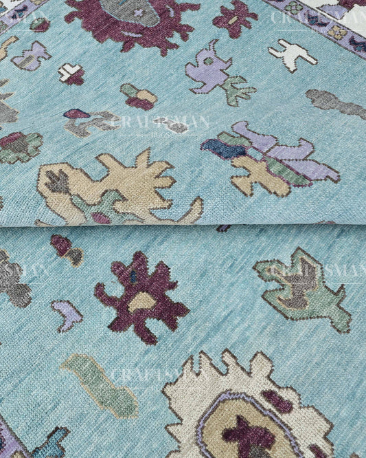 Aurora Oushak Hand-Knotted Wool Rug – Vintage Aqua Blue & Ivory Floral Tribal Design | Handmade Luxury Area Rug | Custom Size