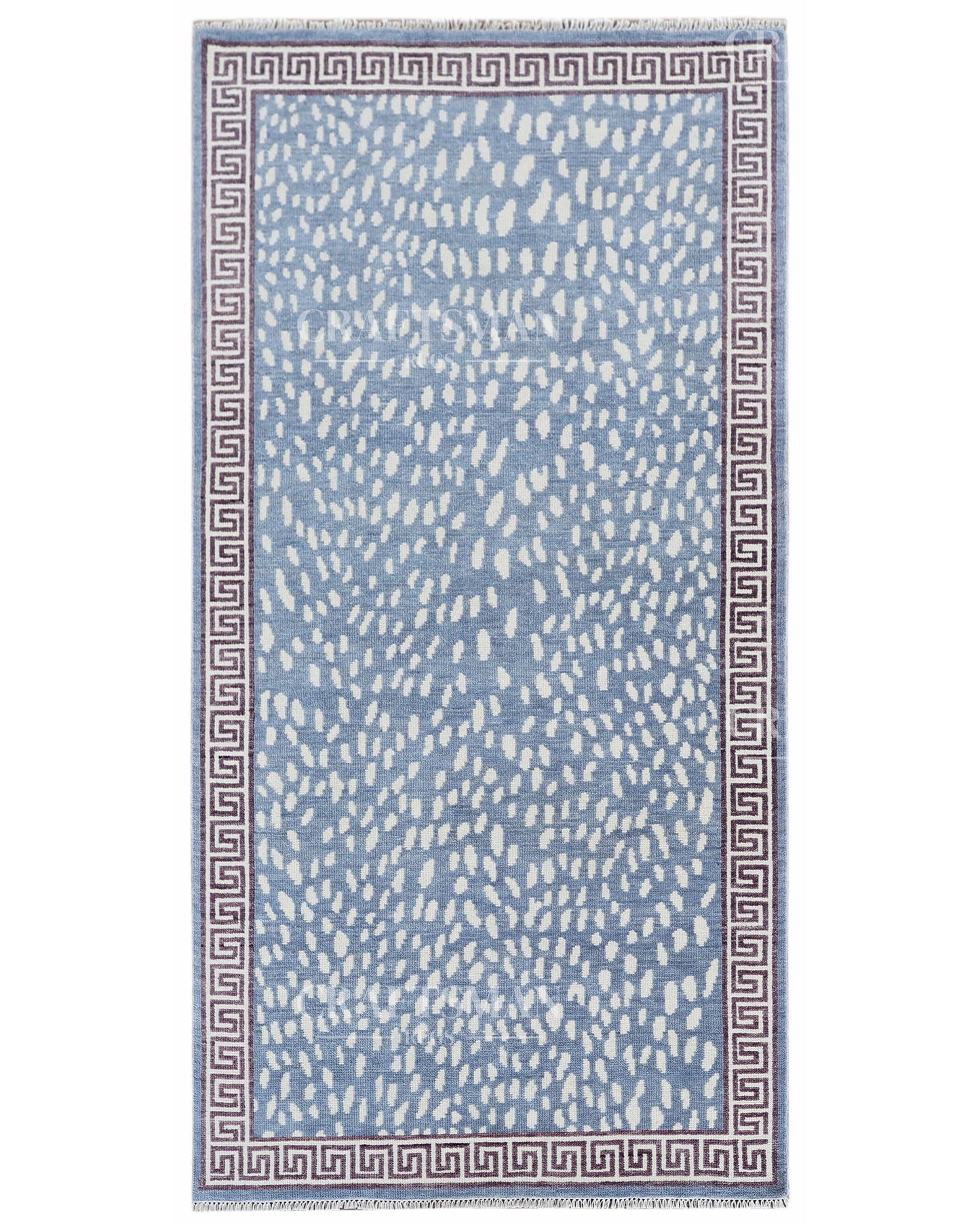 Luna Hand-Knotted Wool Rug – Modern Sky Blue & Ivory Abstract Greek Key Border Design | Handmade Luxury Area Rug | Custom Size