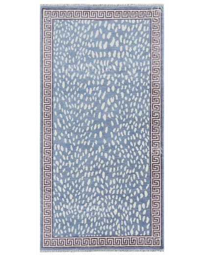 Luna Hand-Knotted Wool Rug – Modern Sky Blue & Ivory Abstract Greek Key Border Design | Handmade Luxury Area Rug | Custom Size