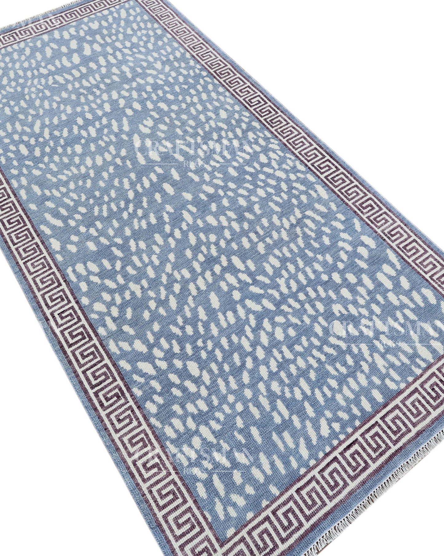 Luna Hand-Knotted Wool Rug – Modern Sky Blue & Ivory Abstract Greek Key Border Design | Handmade Luxury Area Rug | Custom Size