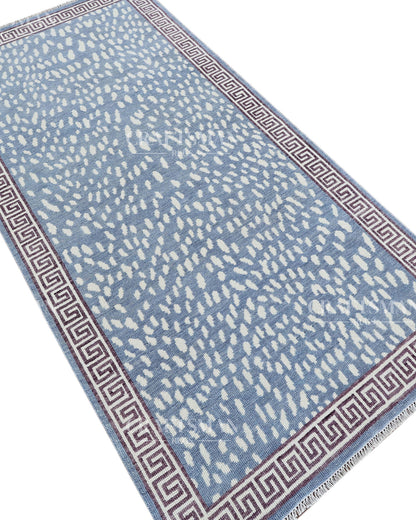 Luna Hand-Knotted Wool Rug – Modern Sky Blue & Ivory Abstract Greek Key Border Design | Handmade Luxury Area Rug | Custom Size