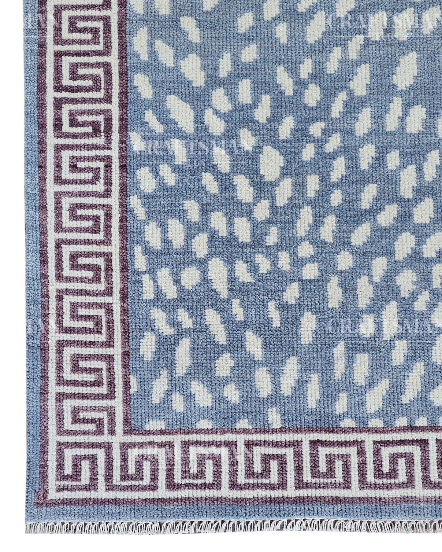 Luna Hand-Knotted Wool Rug – Modern Sky Blue & Ivory Abstract Greek Key Border Design | Handmade Luxury Area Rug | Custom Size