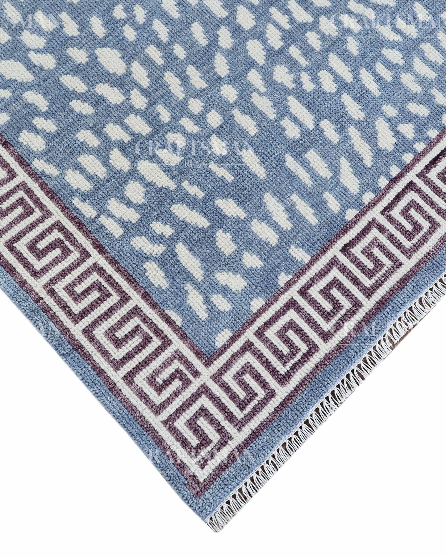 Luna Hand-Knotted Wool Rug – Modern Sky Blue & Ivory Abstract Greek Key Border Design | Handmade Luxury Area Rug | Custom Size