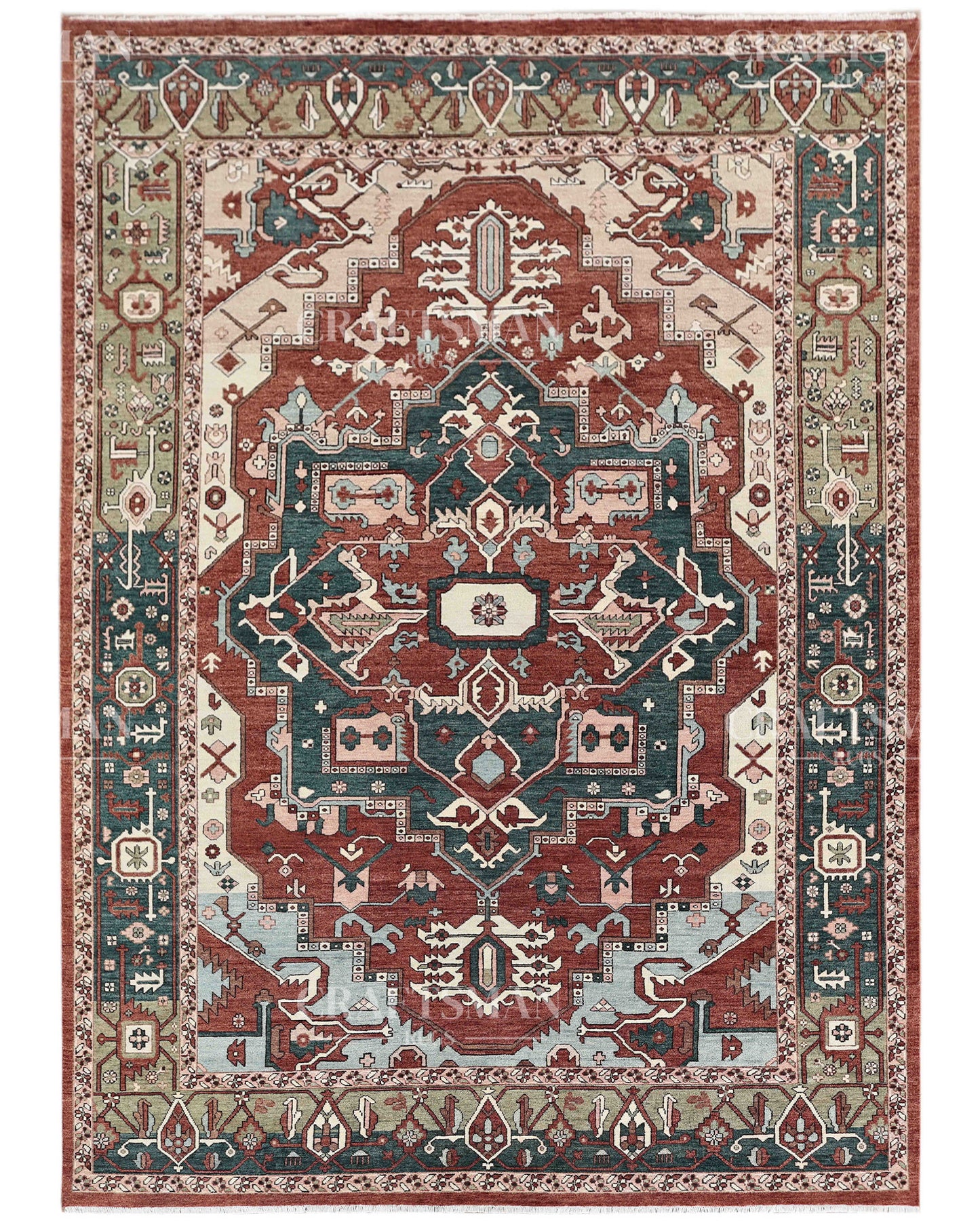 Heritage Heriz Hand-Knotted Wool Rug – Vintage Rust Red & Navy Blue Geometric Medallion Design | Handmade Luxury Area Rug | Custom Size