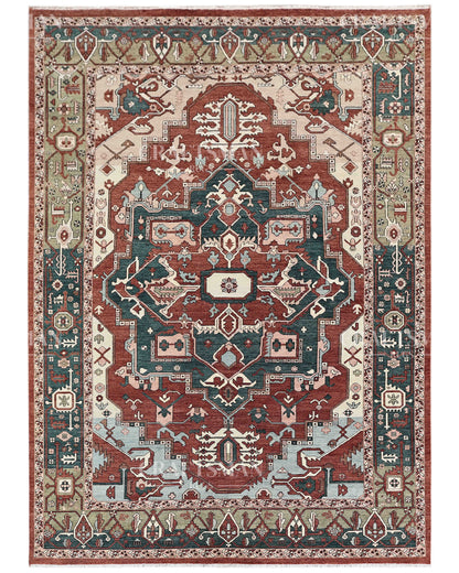 Heritage Heriz Hand-Knotted Wool Rug – Vintage Rust Red & Navy Blue Geometric Medallion Design | Handmade Luxury Area Rug | Custom Size