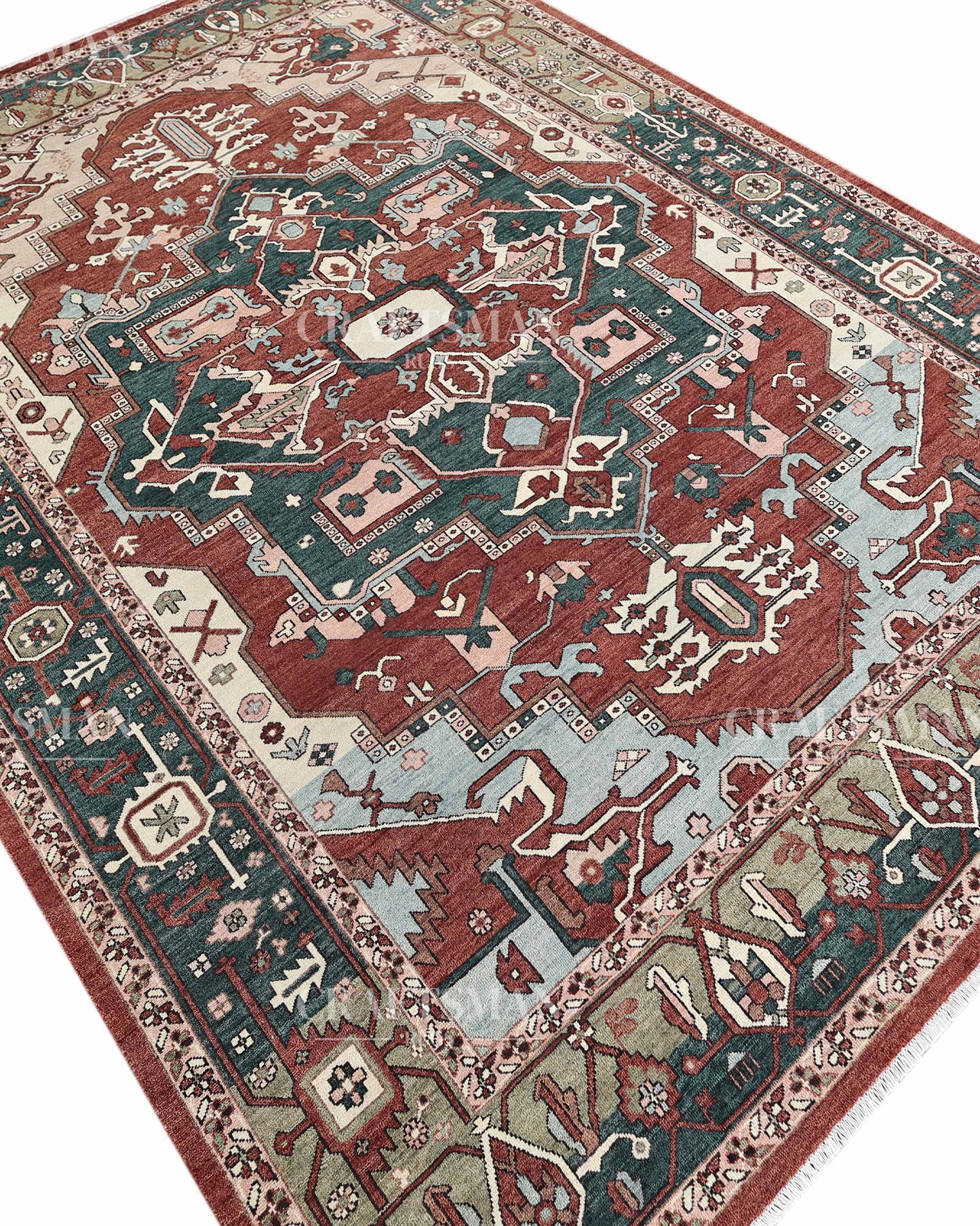 Heritage Heriz Hand-Knotted Wool Rug – Vintage Rust Red & Navy Blue Geometric Medallion Design | Handmade Luxury Area Rug | Custom Size