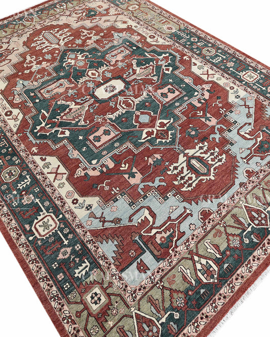 Heritage Heriz Hand-Knotted Wool Rug – Vintage Rust Red & Navy Blue Geometric Medallion Design | Handmade Luxury Area Rug | Custom Size