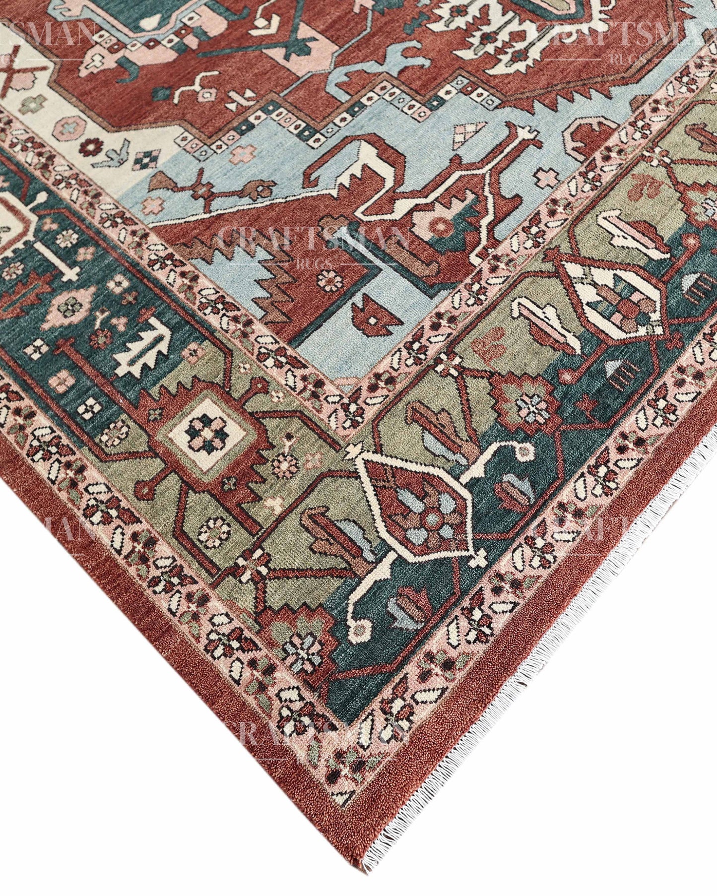 Heritage Heriz Hand-Knotted Wool Rug – Vintage Rust Red & Navy Blue Geometric Medallion Design | Handmade Luxury Area Rug | Custom Size
