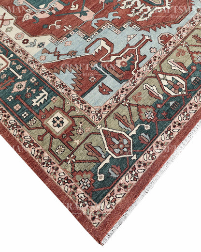 Heritage Heriz Hand-Knotted Wool Rug – Vintage Rust Red & Navy Blue Geometric Medallion Design | Handmade Luxury Area Rug | Custom Size