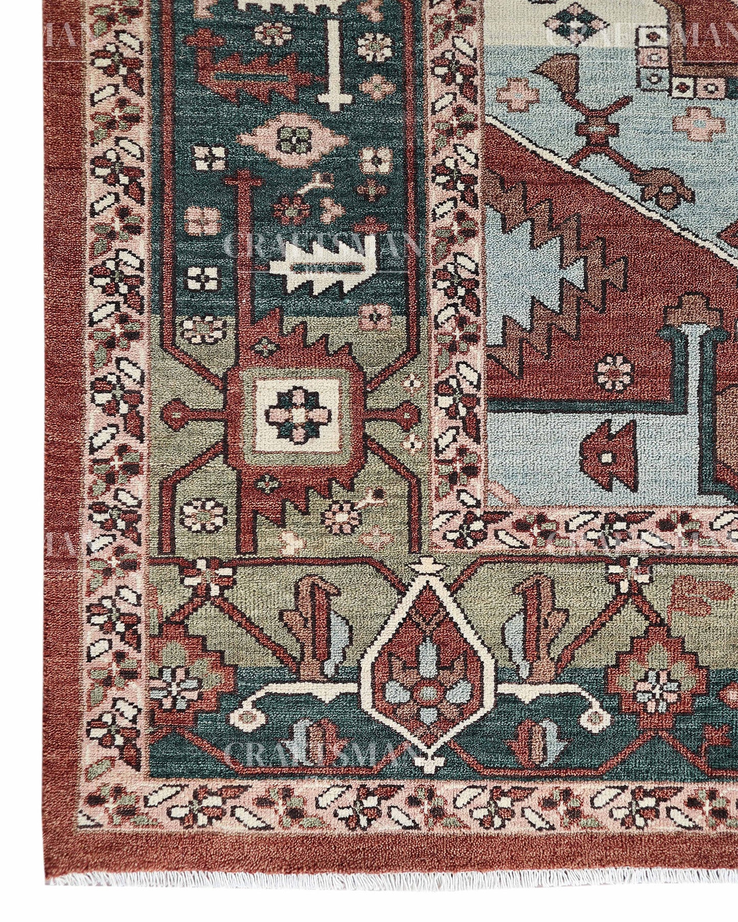 Heritage Heriz Hand-Knotted Wool Rug – Vintage Rust Red & Navy Blue Geometric Medallion Design | Handmade Luxury Area Rug | Custom Size