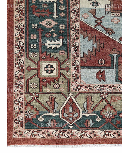 Heritage Heriz Hand-Knotted Wool Rug – Vintage Rust Red & Navy Blue Geometric Medallion Design | Handmade Luxury Area Rug | Custom Size