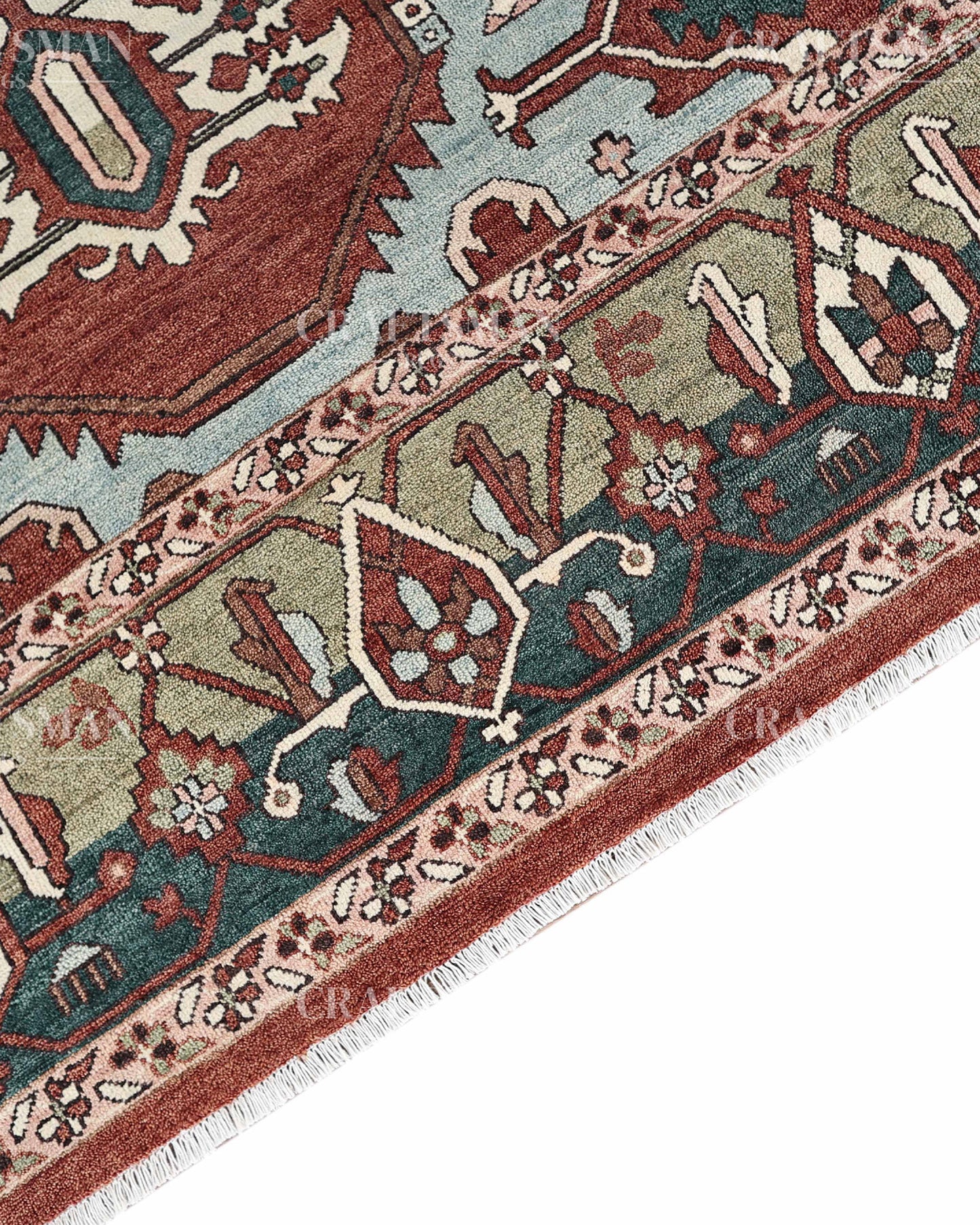 Heritage Heriz Hand-Knotted Wool Rug – Vintage Rust Red & Navy Blue Geometric Medallion Design | Handmade Luxury Area Rug | Custom Size