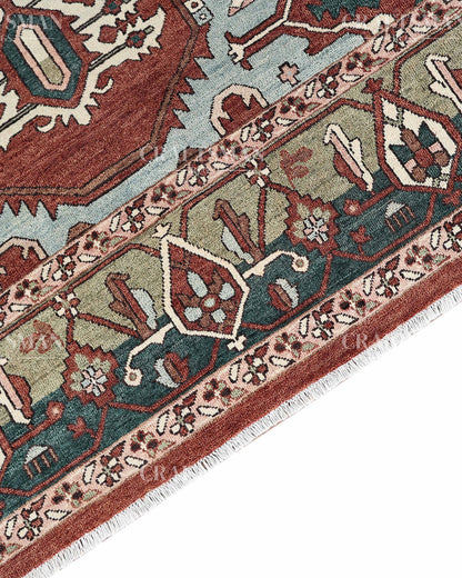 Heritage Heriz Hand-Knotted Wool Rug – Vintage Rust Red & Navy Blue Geometric Medallion Design | Handmade Luxury Area Rug | Custom Size