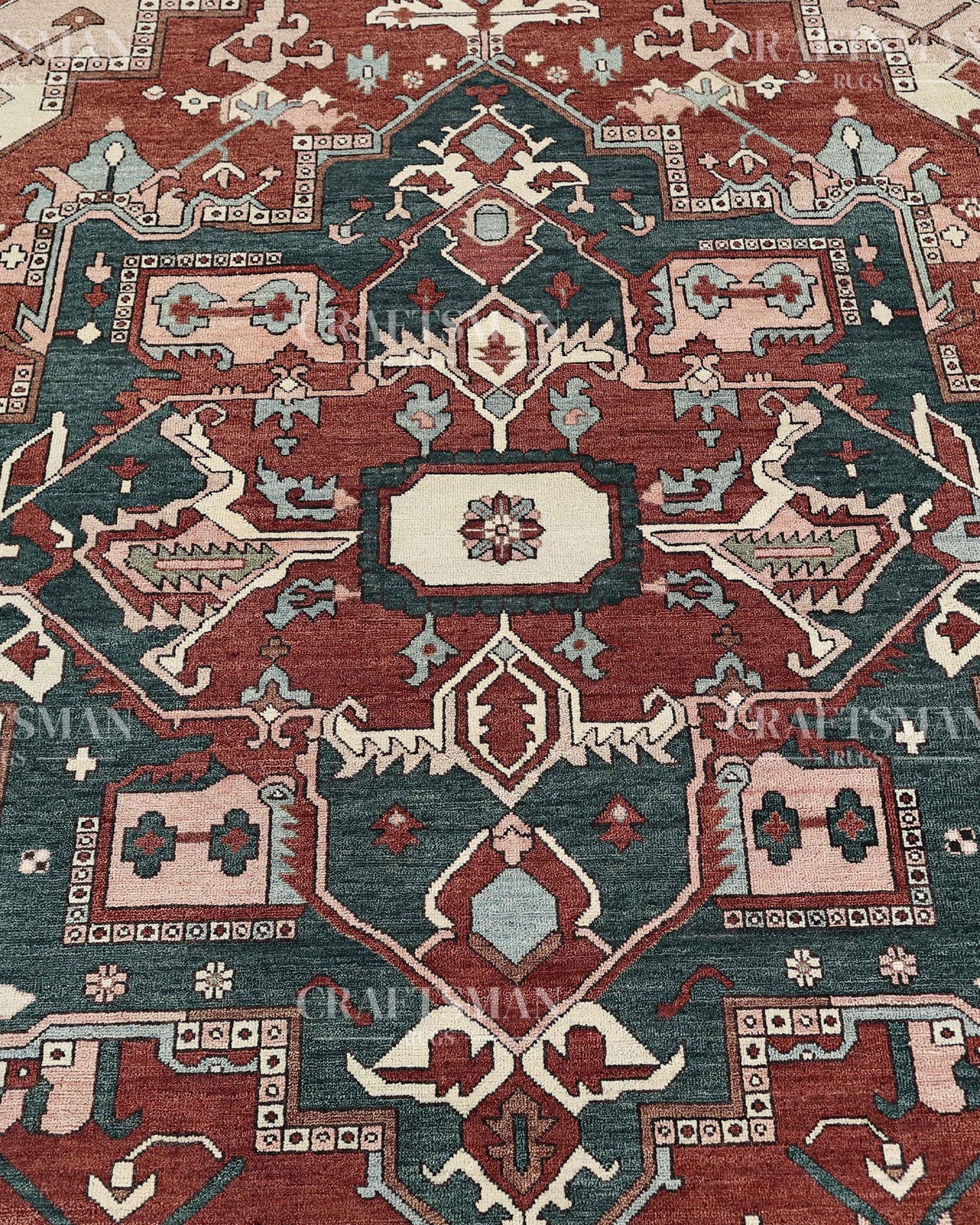 Heritage Heriz Hand-Knotted Wool Rug – Vintage Rust Red & Navy Blue Geometric Medallion Design | Handmade Luxury Area Rug | Custom Size