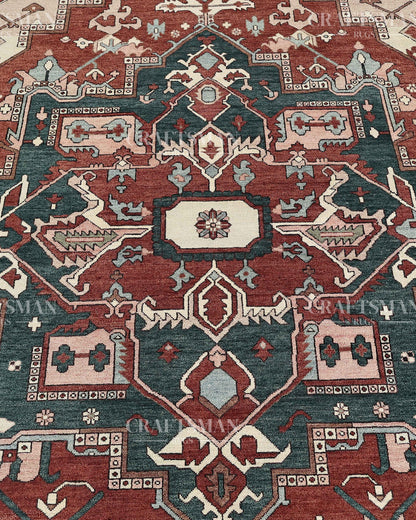 Heritage Heriz Hand-Knotted Wool Rug – Vintage Rust Red & Navy Blue Geometric Medallion Design | Handmade Luxury Area Rug | Custom Size