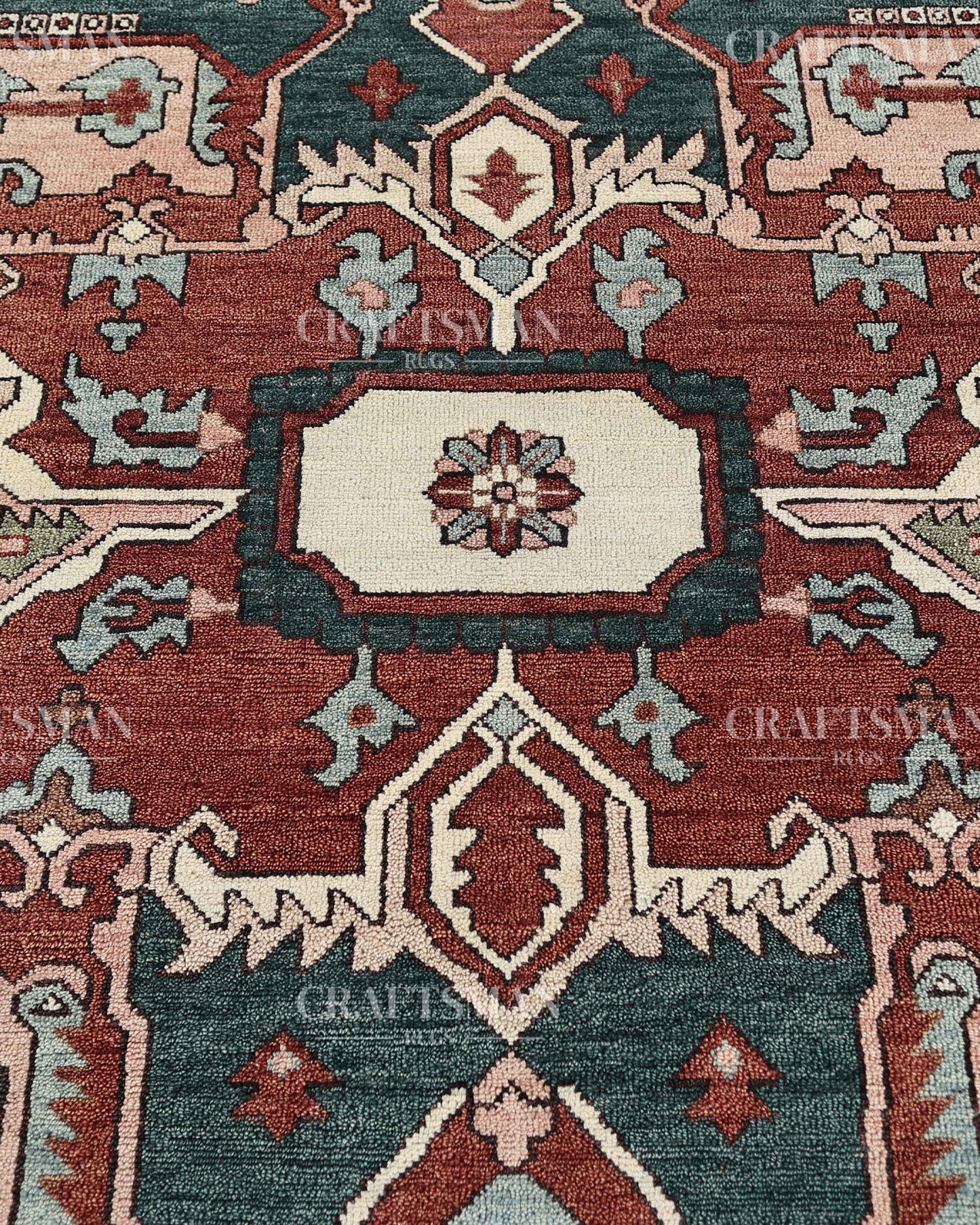 Heritage Heriz Hand-Knotted Wool Rug – Vintage Rust Red & Navy Blue Geometric Medallion Design | Handmade Luxury Area Rug | Custom Size