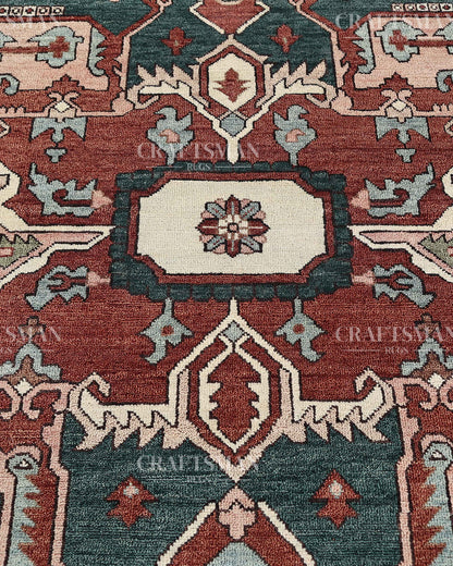 Heritage Heriz Hand-Knotted Wool Rug – Vintage Rust Red & Navy Blue Geometric Medallion Design | Handmade Luxury Area Rug | Custom Size