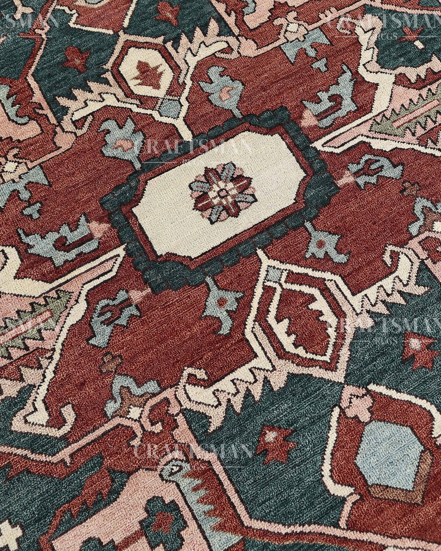 Heritage Heriz Hand-Knotted Wool Rug – Vintage Rust Red & Navy Blue Geometric Medallion Design | Handmade Luxury Area Rug | Custom Size