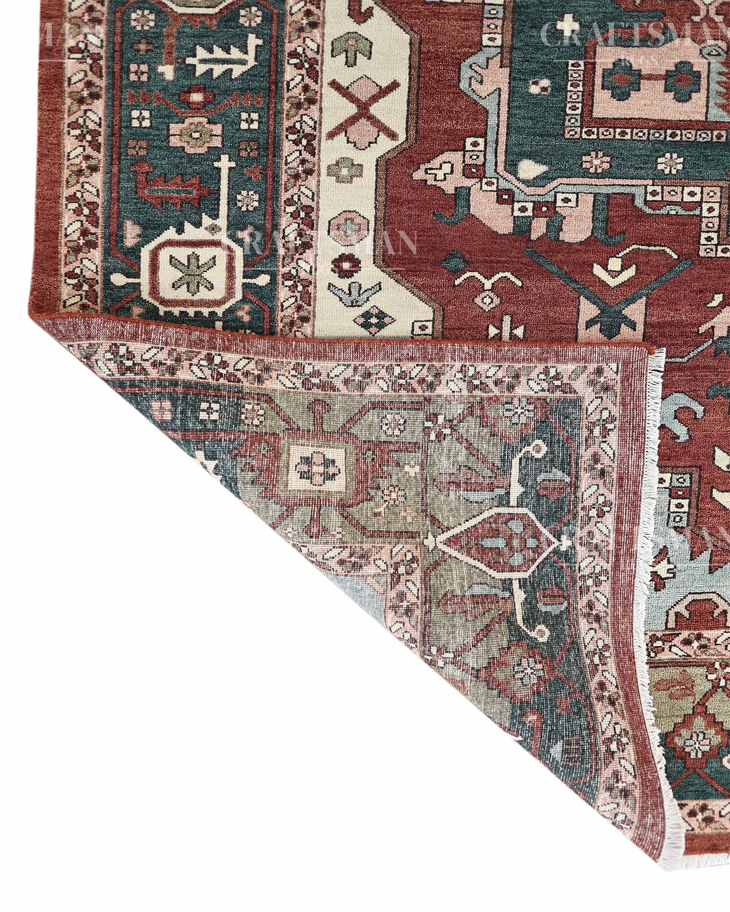 Heritage Heriz Hand-Knotted Wool Rug – Vintage Rust Red & Navy Blue Geometric Medallion Design | Handmade Luxury Area Rug | Custom Size