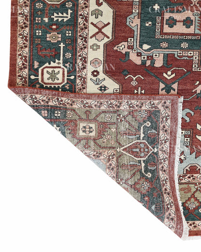 Heritage Heriz Hand-Knotted Wool Rug – Vintage Rust Red & Navy Blue Geometric Medallion Design | Handmade Luxury Area Rug | Custom Size