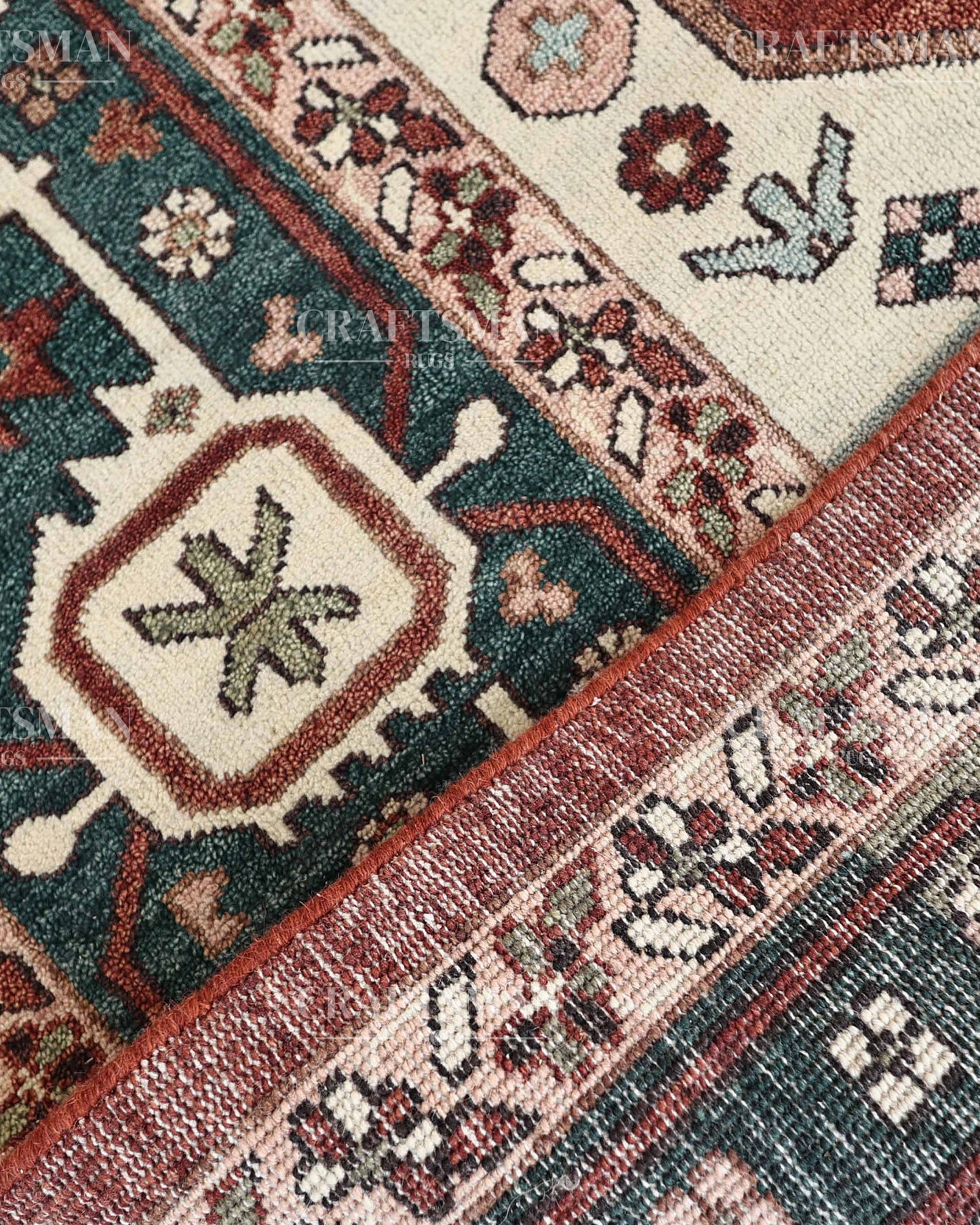 Heritage Heriz Hand-Knotted Wool Rug – Vintage Rust Red & Navy Blue Geometric Medallion Design | Handmade Luxury Area Rug | Custom Size