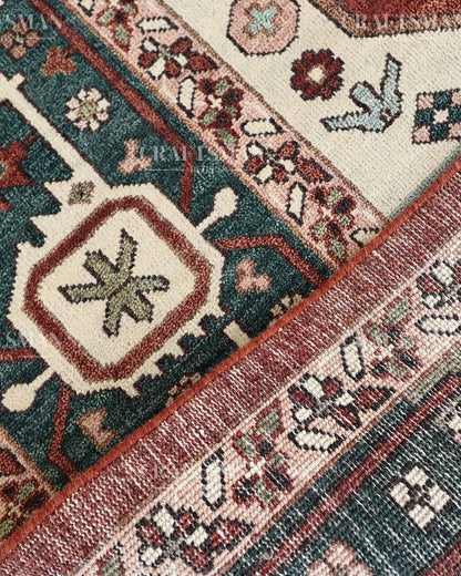 Heritage Heriz Hand-Knotted Wool Rug – Vintage Rust Red & Navy Blue Geometric Medallion Design | Handmade Luxury Area Rug | Custom Size