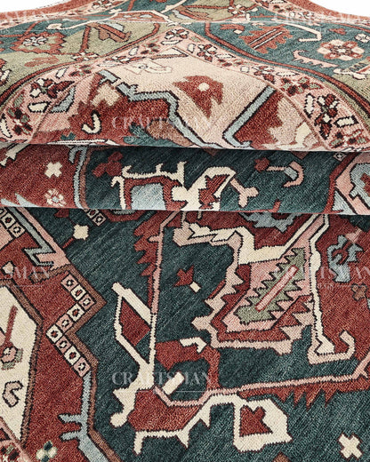 Heritage Heriz Hand-Knotted Wool Rug – Vintage Rust Red & Navy Blue Geometric Medallion Design | Handmade Luxury Area Rug | Custom Size