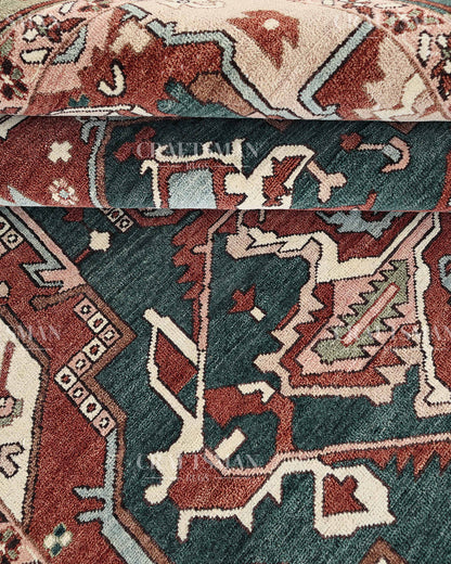 Heritage Heriz Hand-Knotted Wool Rug – Vintage Rust Red & Navy Blue Geometric Medallion Design | Handmade Luxury Area Rug | Custom Size