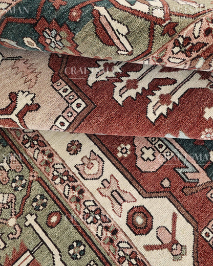 Heritage Heriz Hand-Knotted Wool Rug – Vintage Rust Red & Navy Blue Geometric Medallion Design | Handmade Luxury Area Rug | Custom Size