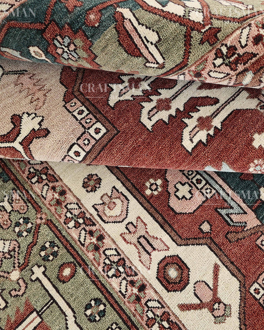 Heritage Heriz Hand-Knotted Wool Rug – Vintage Rust Red & Navy Blue Geometric Medallion Design | Handmade Luxury Area Rug | Custom Size
